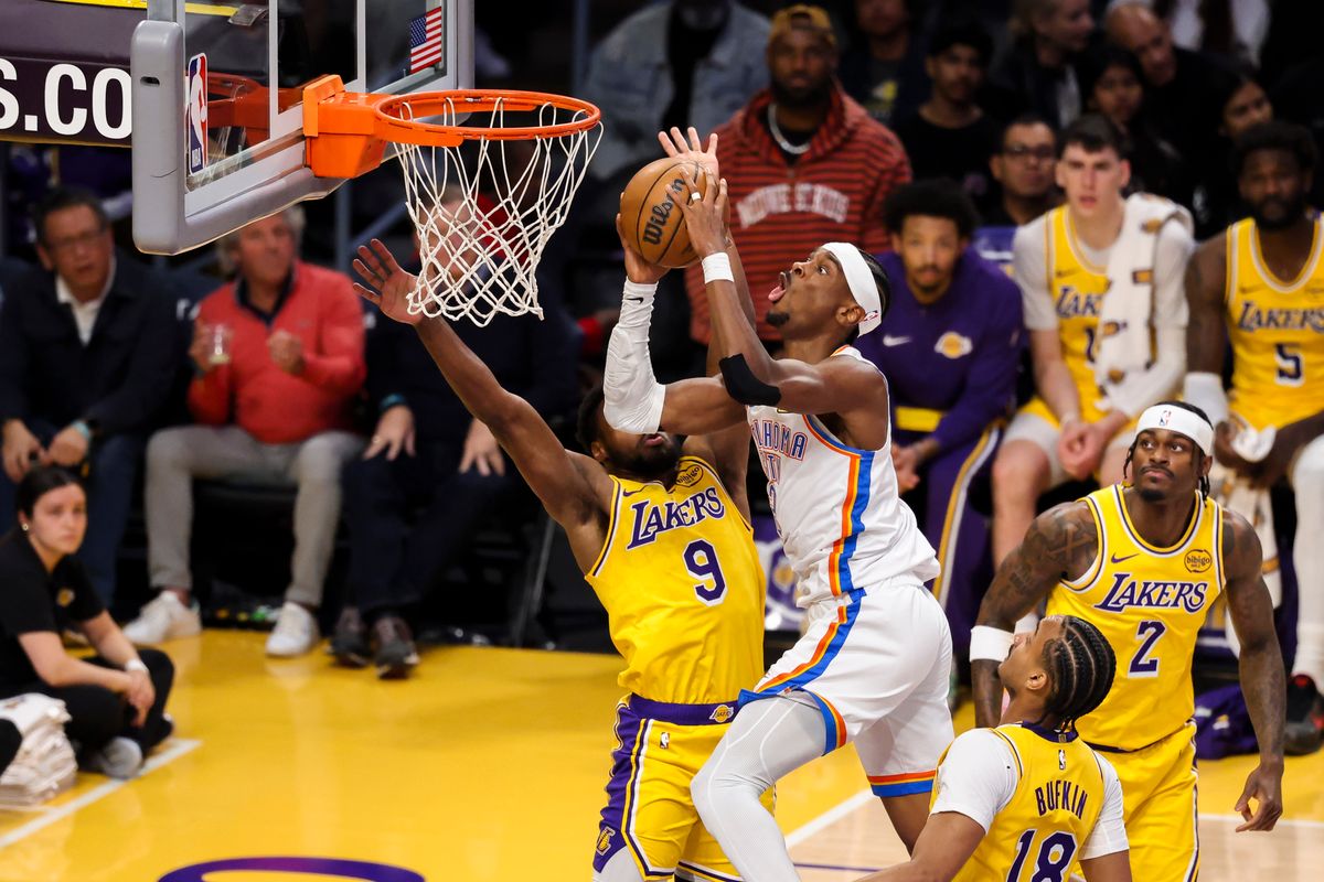 Shai Gilgeous-Alexander #2 of the Oklahoma City Thunder drives towards the rim during an NBA basketball game against the Los Angeles Lakers, Tuesday April 7, 2026 in Los Angeles, Calif. Shai Gilgeous-Alexander #2 of the Oklahoma City Thunder drives towards the rim during an NBA basketball game against the Los Angeles Lakers, Tuesday April 7, 2026 in Los Angeles, Calif.