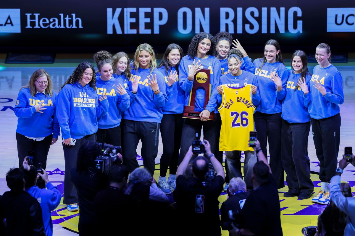 The NCAA National Champion UCLA Bruins Women’s Basketball team is honored on the floor during an NBA basketball game between the Los Angeles Lakers and Oklahoma City Thunder, Tuesday April 7, 2026 in Los Angeles, Calif. The NCAA National Champion UCLA Bruins Women’s Basketball team is honored on the floor during an NBA basketball game between the Los Angeles Lakers and Oklahoma City Thunder, Tuesday April 7, 2026 in Los Angeles, Calif.