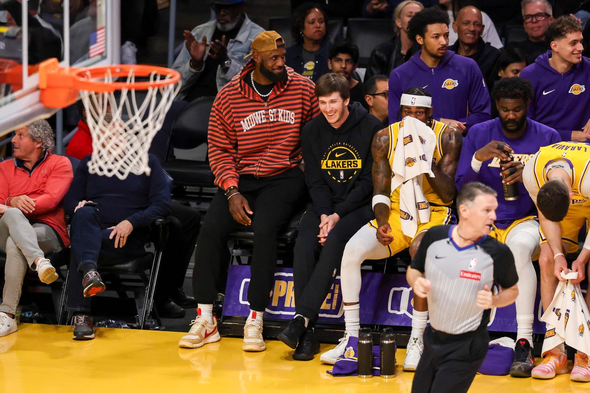 LeBron James #23 and Austin Reaves #15 of the Los Angeles Lakers smile on the bench during an NBA basketball game against the Oklahoma City Thunder, Tuesday April 7, 2026 in Los Angeles, Calif. LeBron James #23 and Austin Reaves #15 of the Los Angeles Lakers smile on the bench during an NBA basketball game against the Oklahoma City Thunder, Tuesday April 7, 2026 in Los Angeles, Calif.