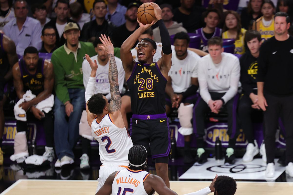 Los Angeles Lakers forward Rui Hachimura (28) shoots a jump shot during an NBA game against the Phoenix Suns on April 10, 2026 in Los Angeles, CA.