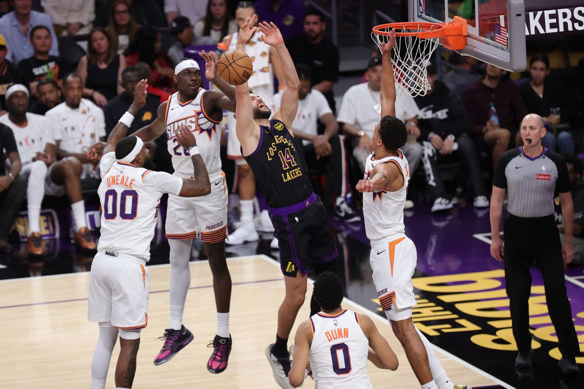 Los Angeles Lakers forward Maxi Kleber (14) is fouled during an NBA game against the Phoenix Suns on April 10, 2026 in Los Angeles, CA.