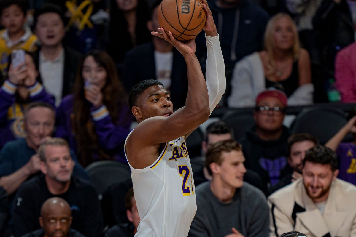 Los Angeles Lakers forward Rui Hachimura (28) shooting a 3 pointer during an NBA basketball game against the Utah Jazz on April 12th, 2026 in Los Angeles, CA.