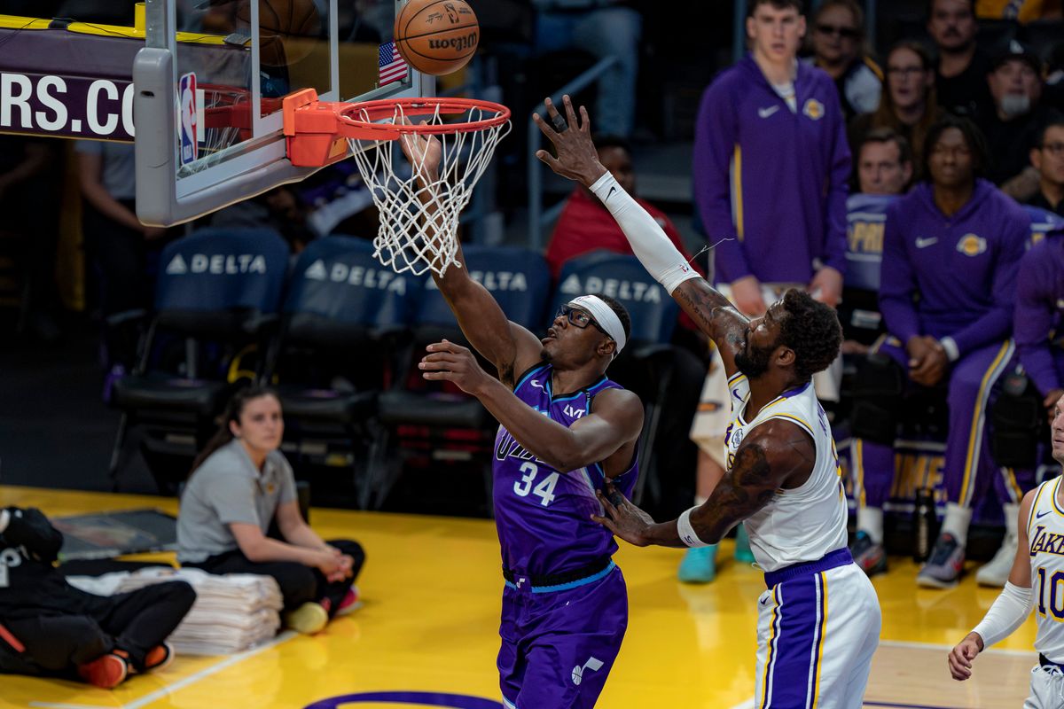 Utah Jazz forward Oscar Tshiebwe (34) performs a lay up during an NBA basketball game against the Los Angeles Lakers on April 12th, 2026 in Los Angeles, CA.