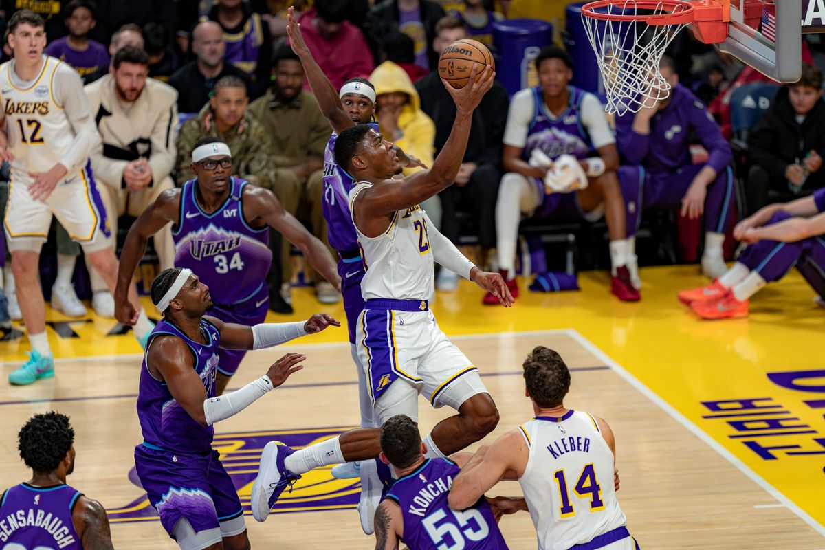 Los Angeles Lakers forward Rui Hachimura (28) jumping for a lay up during an NBA basketball game against the Utah Jazz on April 12th, 2026 in Los Angeles, CA.