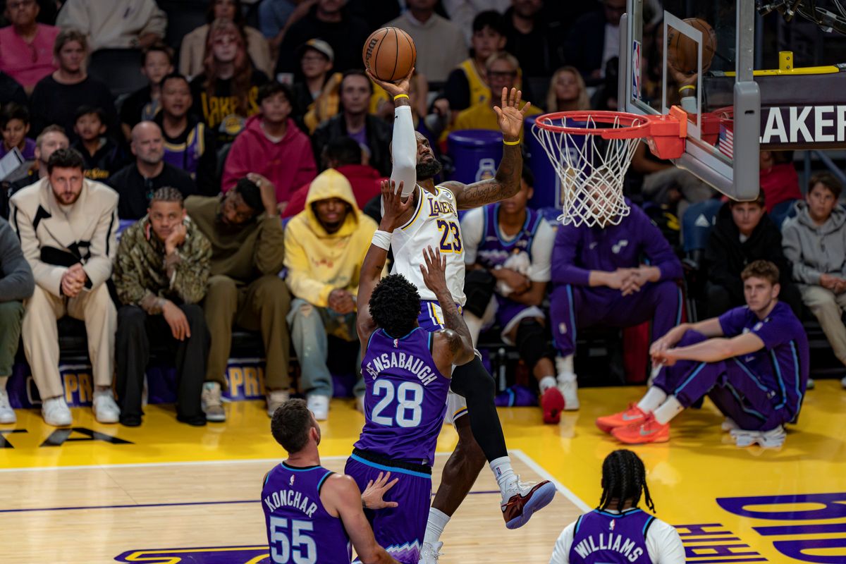 Los Angeles Lakers forward LeBron James (23) jumping for a 2 point shot during an NBA basketball game against the Utah Jazz on April 12th, 2026 in Los Angeles, CA.