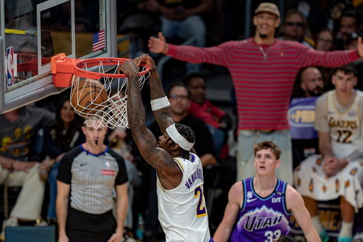 Los Angeles Lakers forward Jared Vanderbilt (2) dunking during an NBA basketball game against the Utah Jazz on April 12th, 2026 in Los Angeles, CA.
