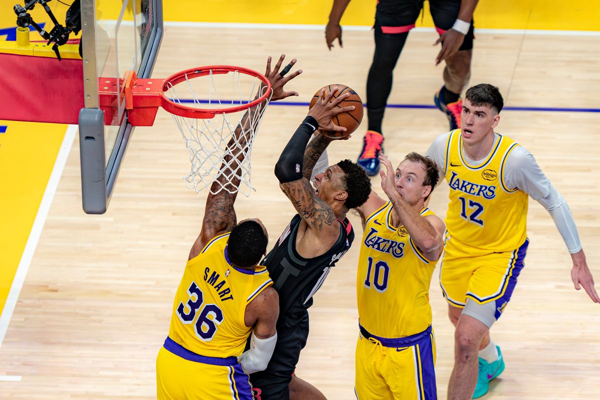 Houston Rockets forward Jabari Smith Jr. (10) leaps for a dunk during an NBA basketball game against the Los Angeles Lakers on April 18th, 2026 in Los Angeles, CA.