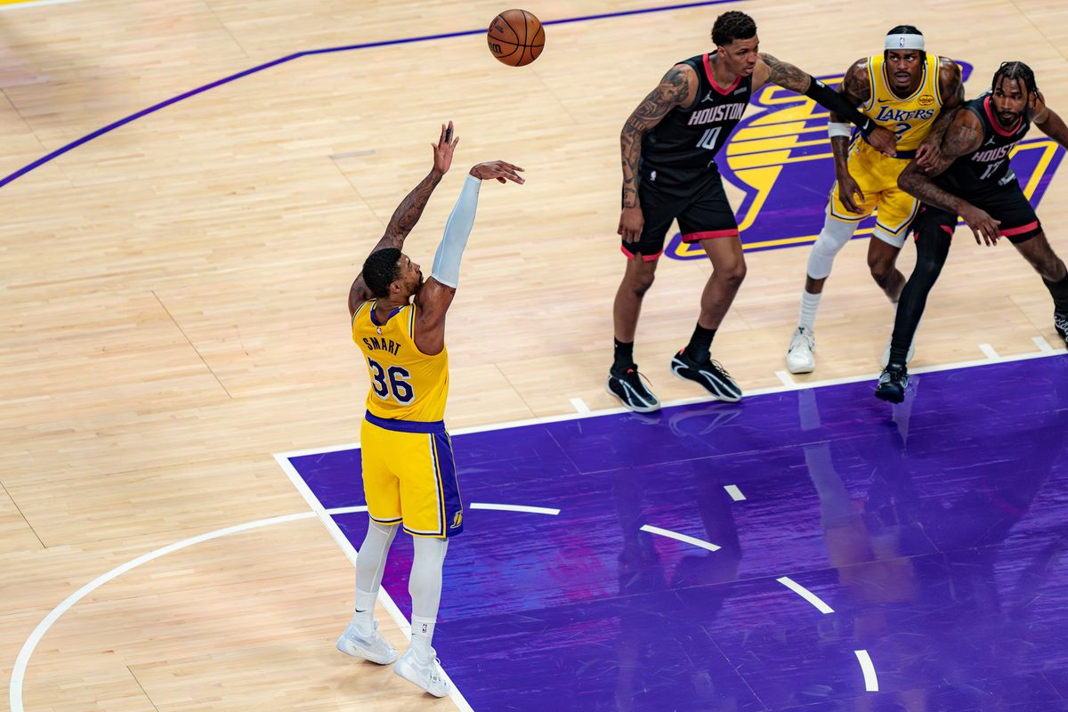 Los Angeles Lakers guard Marcus Smart (26) shooting from the free throw line during an NBA basketball game against the Houston Rockets on April 18th, 2026 in Los Angeles, CA.