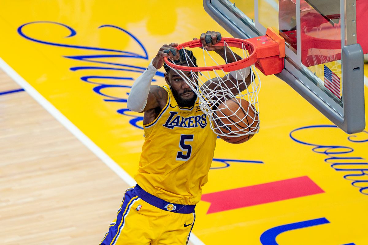 Los Angeles Lakers center Deandre Ayton (5) dunking during an NBA basketball game against the Houston Rockets on April 18th, 2026 in Los Angeles, CA.