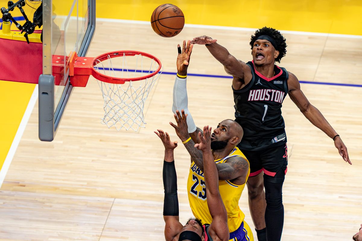 Los Angeles Lakers forward LeBron James (23) leaping for a lay up during an NBA basketball game against the Houston Rockets on April 18th, 2026 in Los Angeles, CA.