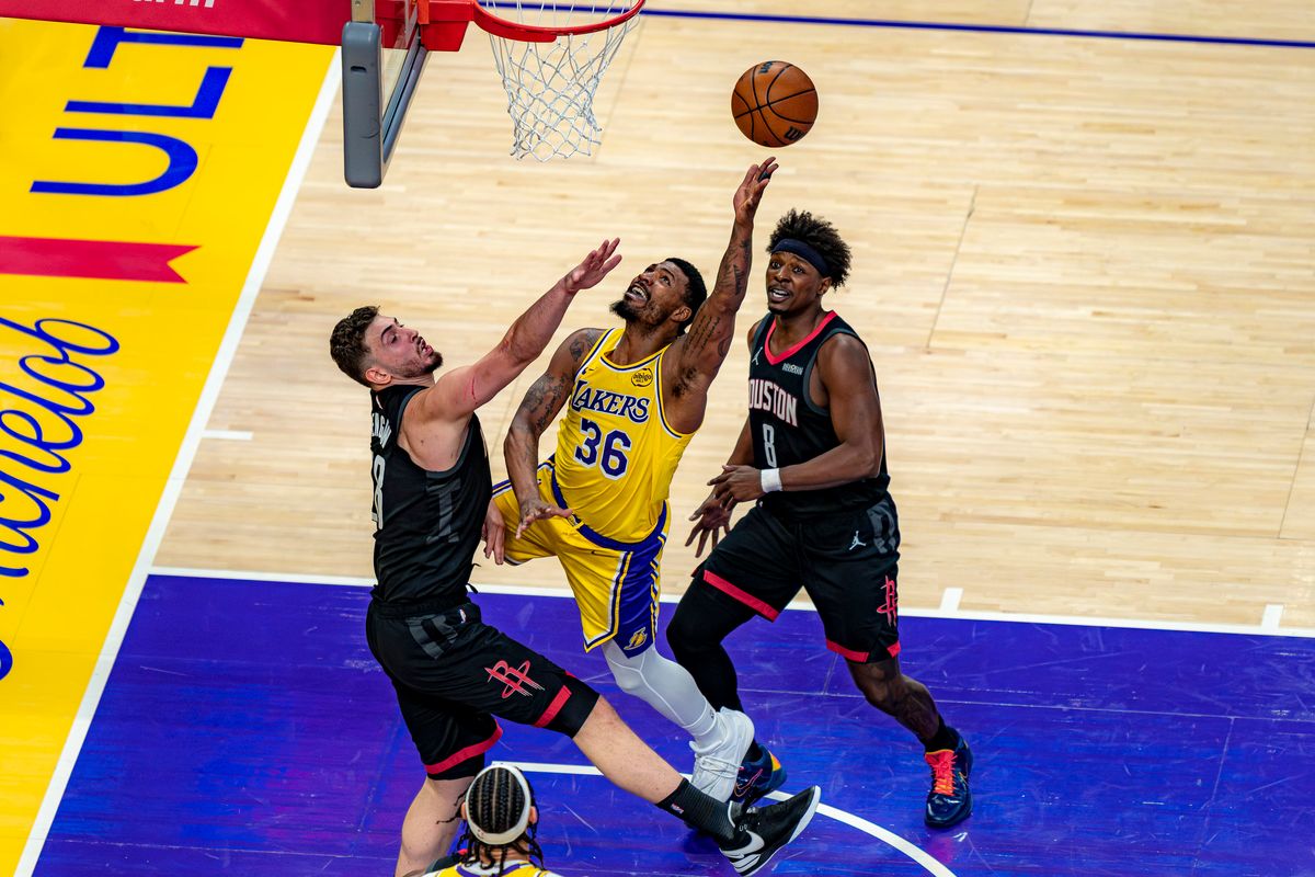 Los Angeles Lakers guard Marcus Smart (36) leaping for a lay up and drawing a foul during an NBA basketball game against the Houston Rockets on April 18th, 2026 in Los Angeles, CA.