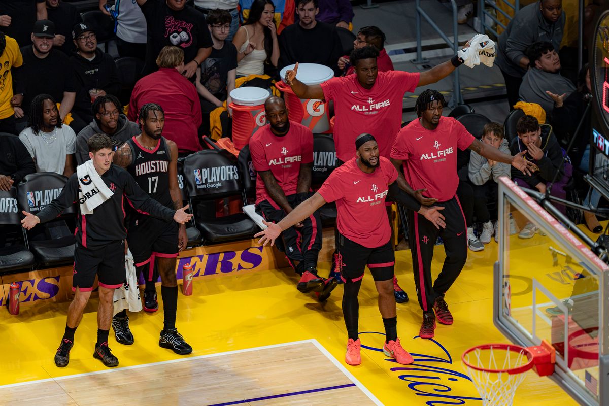 Houston Rockets bench upset over a foul call during an NBA basketball game against the Los Angeles Lakers on April 18th, 2026 in Los Angeles, CA.