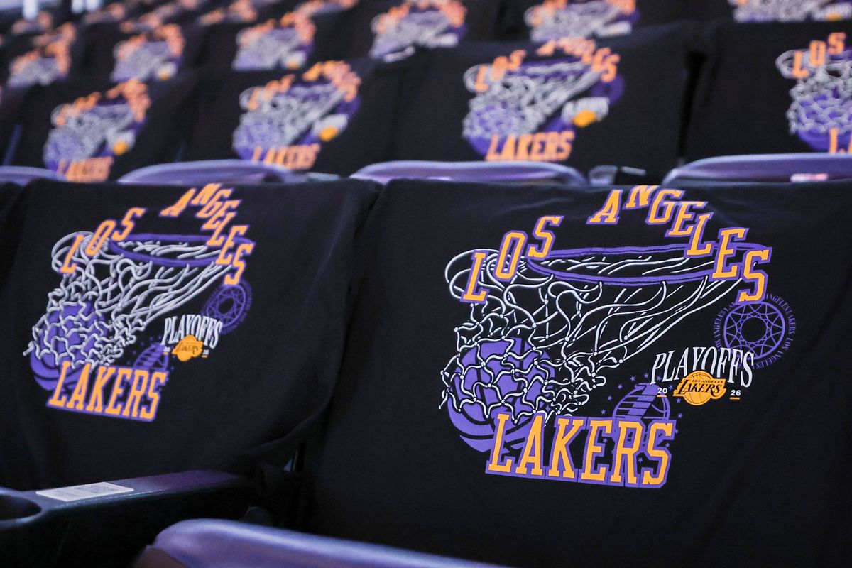 T-shirts await Los Angeles Lakers fans on their seats before an NBA Playoffs basketball game between the Houston Rockets and Los Angeles Lakers, Tuesday April 21, 2026 in Los Angeles, Calif.