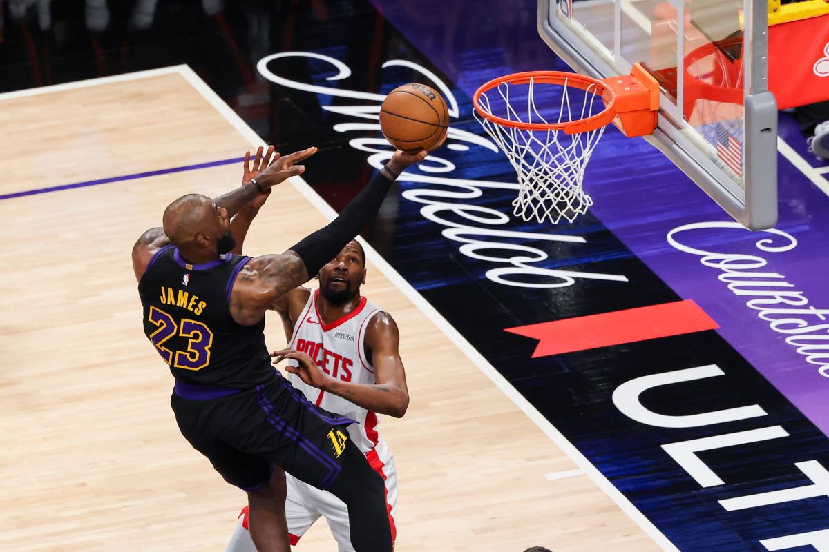 LeBron James #23 of the Los Angeles Lakers lays the ball up during an NBA Playoffs basketball game against the Houston Rockets, Tuesday April 21, 2026 in Los Angeles, Calif.
