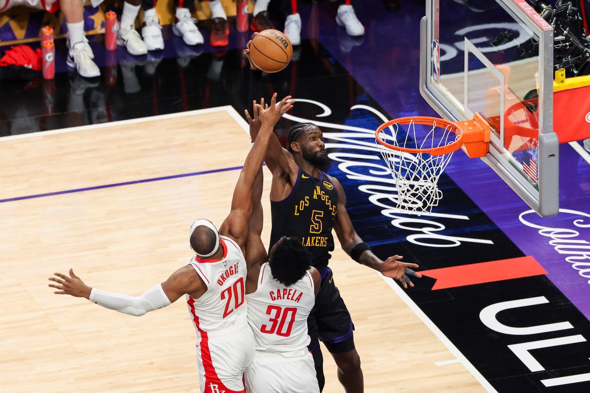 Deandre Ayton #5 of the Los Angeles Lakers dunks the ball during an NBA Playoffs basketball game against the Houston Rockets, Tuesday April 21, 2026 in Los Angeles, Calif.