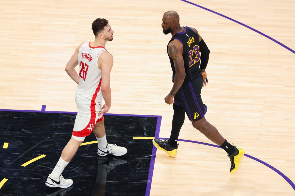 LeBron James #23 of the Los Angeles Lakers stares down Alperen Sengun #28 of the Houston Rockets during an NBA Playoffs basketball game, Tuesday April 21, 2026 in Los Angeles, Calif.