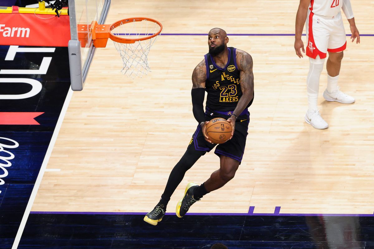 LeBron James #23 of the Los Angeles Lakers dunks the ball during an NBA Playoffs basketball game against the Houston Rockets, Tuesday April 21, 2026 in Los Angeles, Calif.