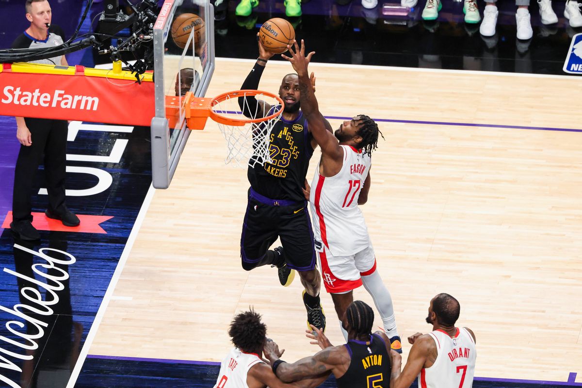 LeBron James #23 of the Los Angeles Lakers shoots the ball over Tari Eason #17 of the Houston Rockets during an NBA Playoffs basketball game, Tuesday April 21, 2026 in Los Angeles, Calif.