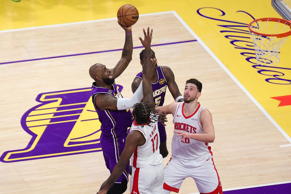 Los Angeles Lakers forward LeBron James (23) shoots a hook shot during an NBA playoffs game against the Houston Rockets on April 29, 2026 in Los Angeles, CA.