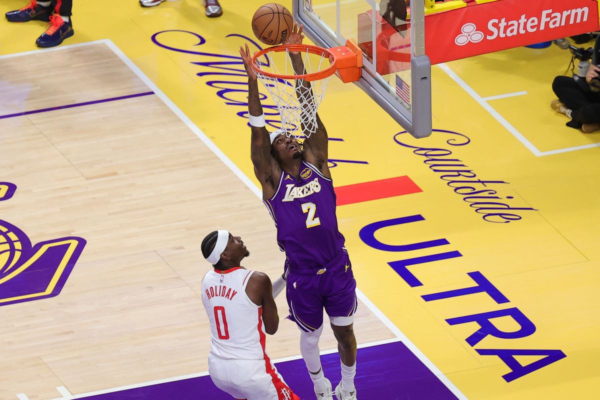 Los Angeles Lakers forward Jarred Vanderbilt (2) lays the ball in during an NBA playoffs game against the Houston Rockets on April 29, 2026 in Los Angeles, CA.