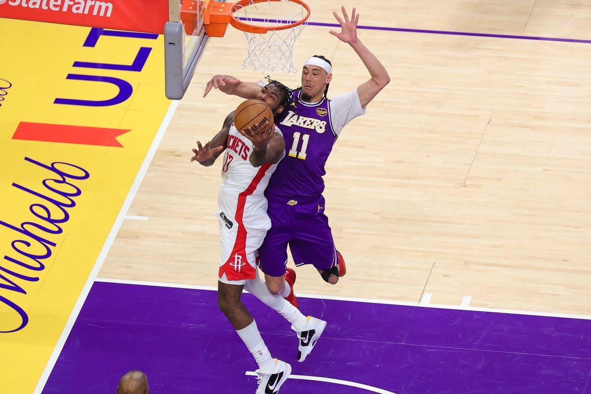 Los Angeles Lakers center Jaxson Hayes (11) defends against during an NBA playoffs game against the Houston Rockets on April 29, 2026 in Los Angeles, CA.