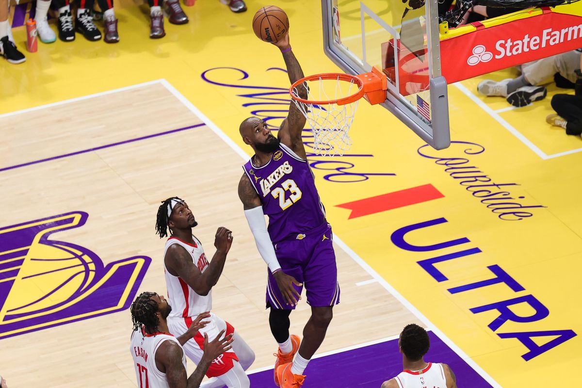 Los Angeles Lakers forward LeBron James (23) lays the ball in during an NBA playoffs game against the Houston Rockets on April 29, 2026 in Los Angeles, CA.