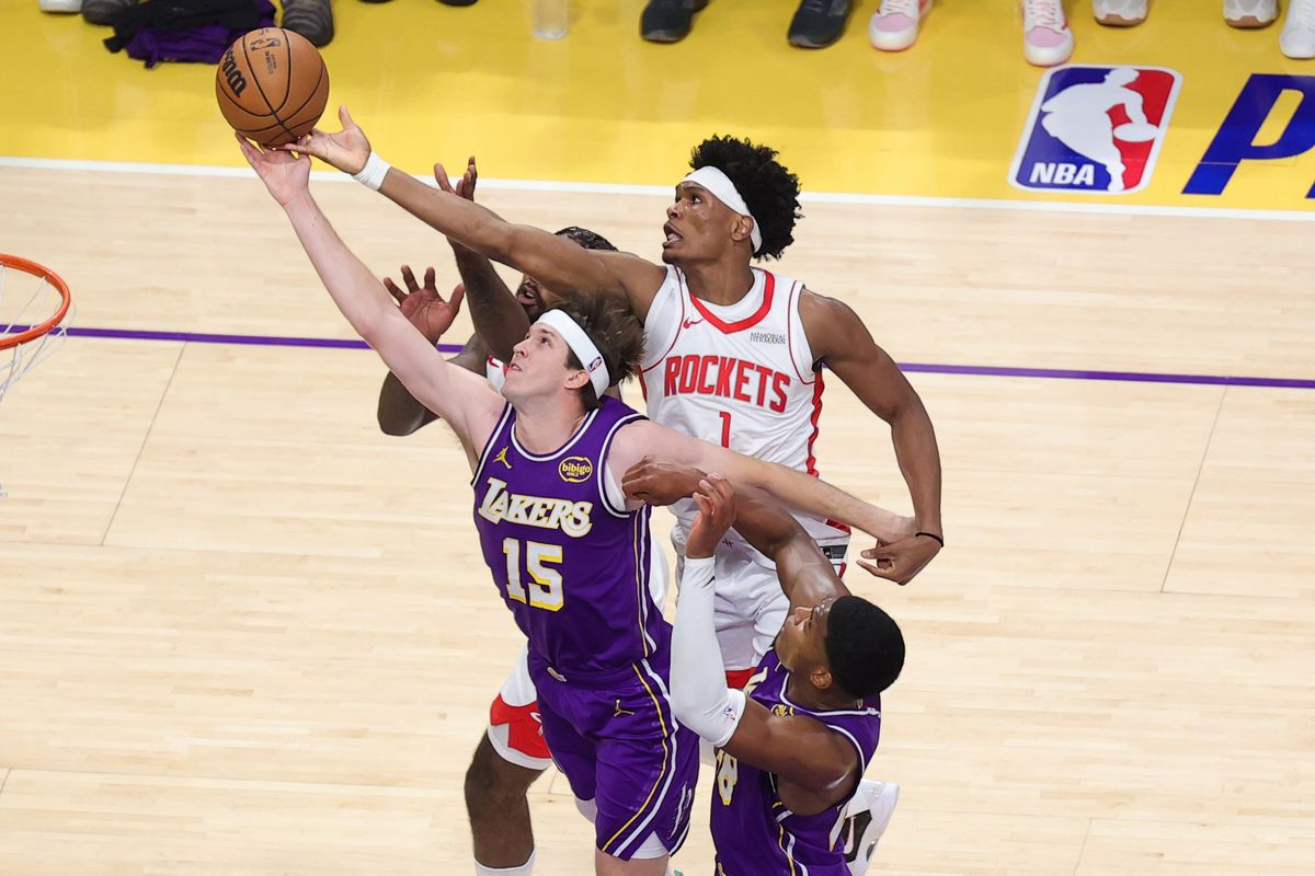 Los Angeles Lakers guard Austin Reaves (15) goes for the rebound during an NBA playoffs game against the Houston Rockets on April 29, 2026 in Los Angeles, CA.