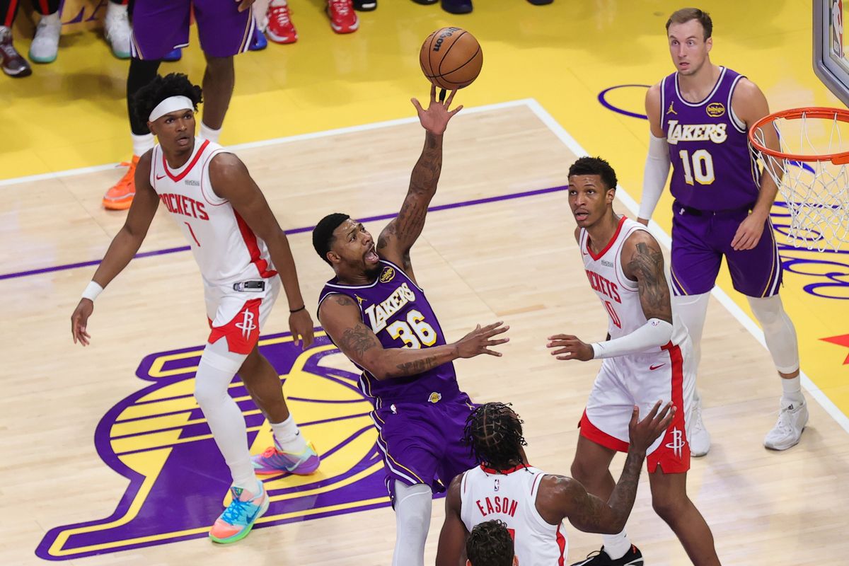Los Angeles Lakers guard Marcus Smart (36) attempts a lay up during an NBA playoffs game against the Houston Rockets on April 29, 2026 in Los Angeles, CA.