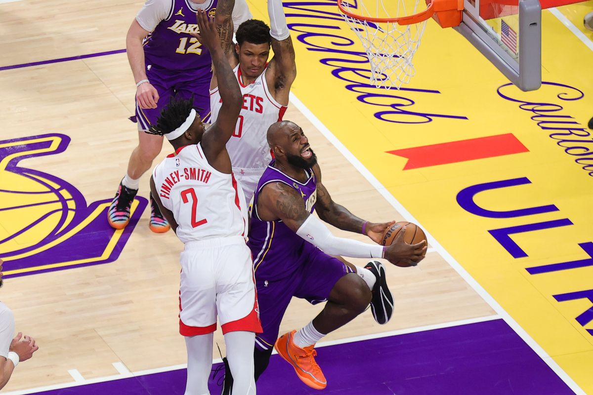 Los Angeles Lakers forward LeBron James (23) drives in for a lay up during an NBA playoffs game against the Houston Rockets on April 29, 2026 in Los Angeles, CA.