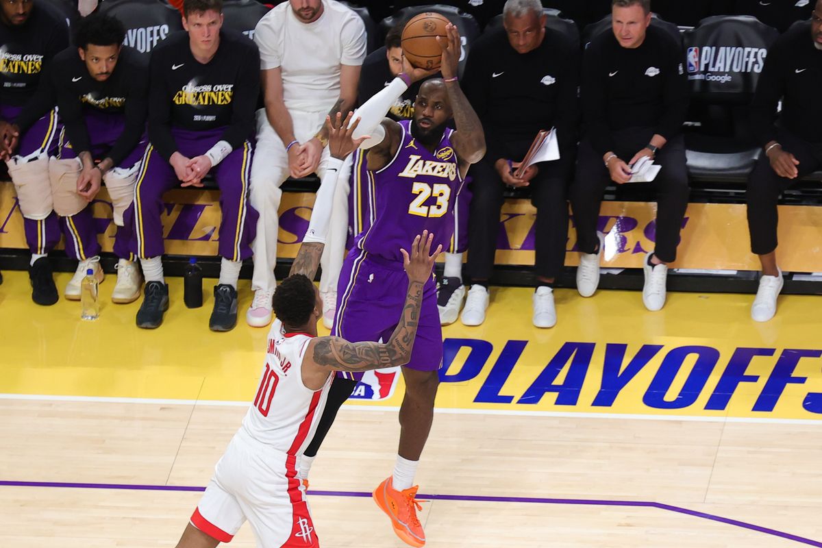 Los Angeles Lakers forward LeBron James (23) shoots the basketball during an NBA playoffs game against the Houston Rockets on April 29, 2026 in Los Angeles, CA.