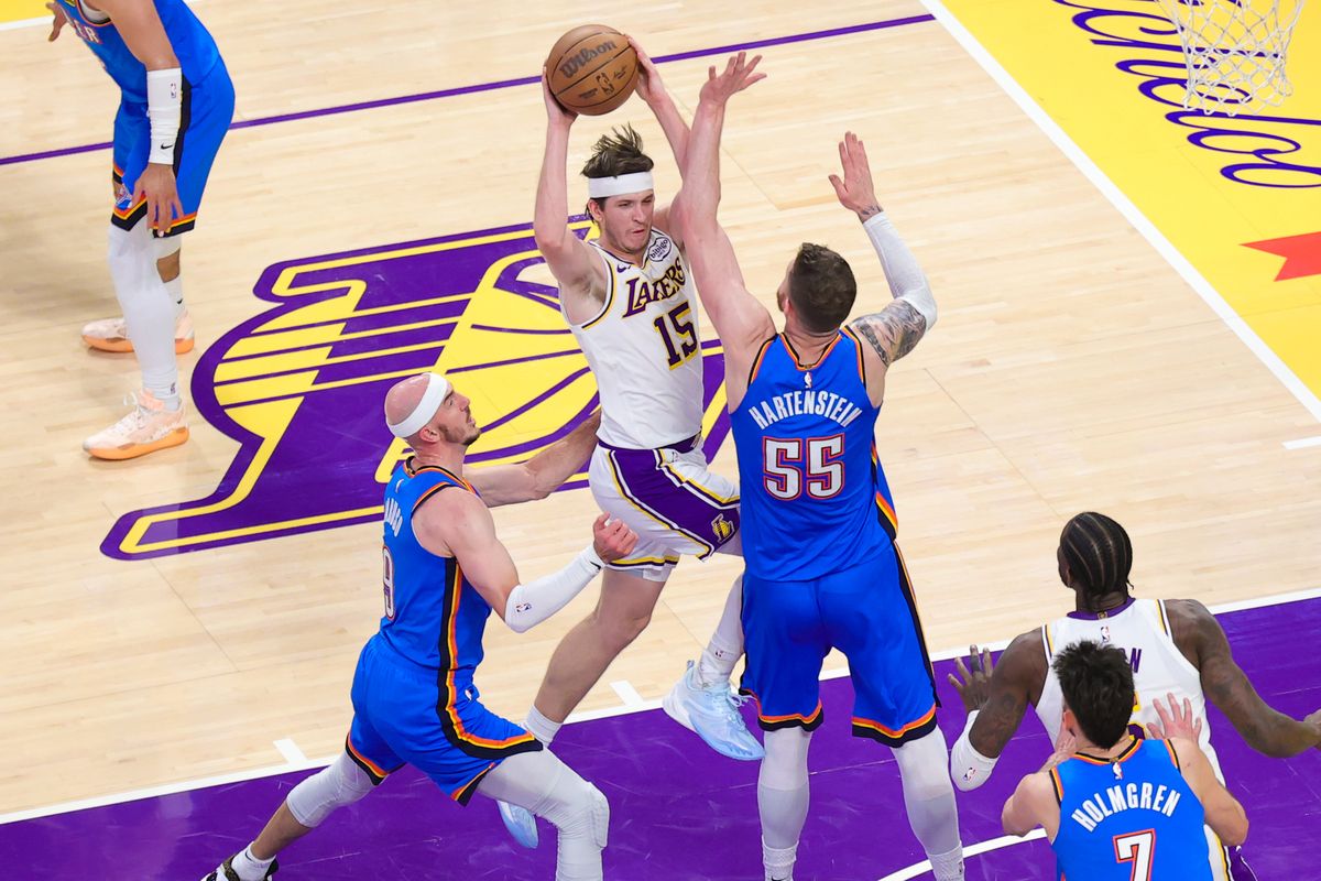 Los Angeles Lakers guard Austin Reaves (15) looks to pass the baketball during an NBA playoff game against the Oklahoma City Thunder on May 9, 2026 in Los Angeles, CA. Los Angeles Lakers guard Austin Reaves (15) looks to pass the baketball during an NBA playoff game against the Oklahoma City Thunder on May 9, 2026 in Los Angeles, CA.