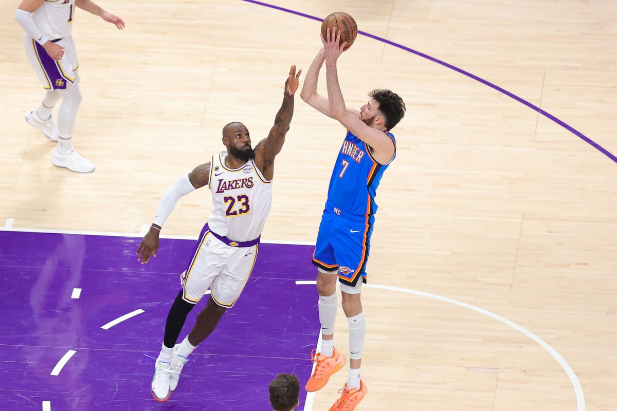 Los Angeles Lakers forward LeBron James (23) defends against Oklahoma City Thunder forward/center Chet Holmgren (7) during an NBA playoff game against the Oklahoma City Thunder on May 9, 2026 in Los Angeles, CA. Los Angeles Lakers forward LeBron James (23) defends against Oklahoma City Thunder forward/center Chet Holmgren (7) during an NBA playoff game against the Oklahoma City Thunder on May 9, 2026 in Los Angeles, CA.