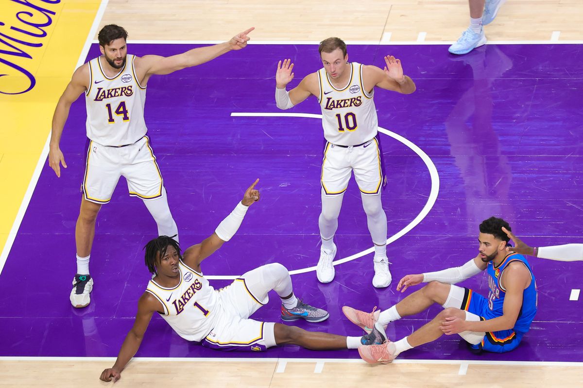 Los Angeles Lakers forward Adou Thiero (1) poins to the other end of he floor after a turnover during an NBA playoff game against the Oklahoma City Thunder on May 9, 2026 in Los Angeles, CA. Los Angeles Lakers forward Adou Thiero (1) poins to the other end of he floor after a turnover during an NBA playoff game against the Oklahoma City Thunder on May 9, 2026 in Los Angeles, CA.