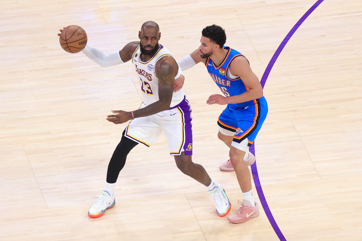 Los Angeles Lakers forward LeBron James (23) surveys the floor during an NBA playoff game against the Oklahoma City Thunder on May 9, 2026 in Los Angeles, CA. Los Angeles Lakers forward LeBron James (23) surveys the floor during an NBA playoff game against the Oklahoma City Thunder on May 9, 2026 in Los Angeles, CA.