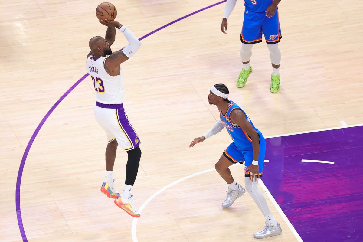 Los Angeles Lakers forward LeBron James (23) shoots the basketball during an NBA playoff game against the Oklahoma City Thunder on May 9, 2026 in Los Angeles, CA. Los Angeles Lakers forward LeBron James (23) shoots the basketball during an NBA playoff game against the Oklahoma City Thunder on May 9, 2026 in Los Angeles, CA.