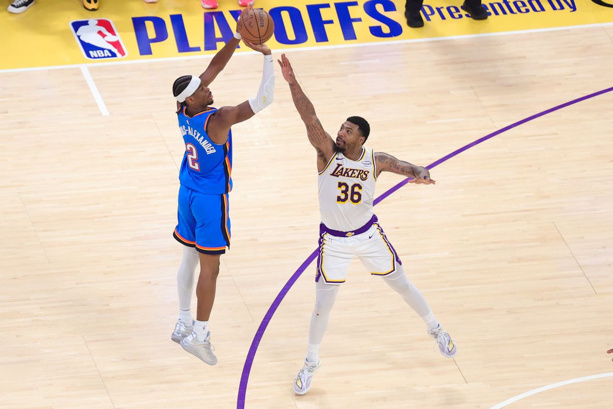 Los Angeles Lakers guard Marcus Smart (35) defends against Oklahoma City Thunder guard Shai Gilgreous-Alexander (2) during an NBA playoff on May 9, 2026 in Los Angeles, CA. Los Angeles Lakers guard Marcus Smart (35) defends against Oklahoma City Thunder guard Shai Gilgreous-Alexander (2) during an NBA playoff on May 9, 2026 in Los Angeles, CA.