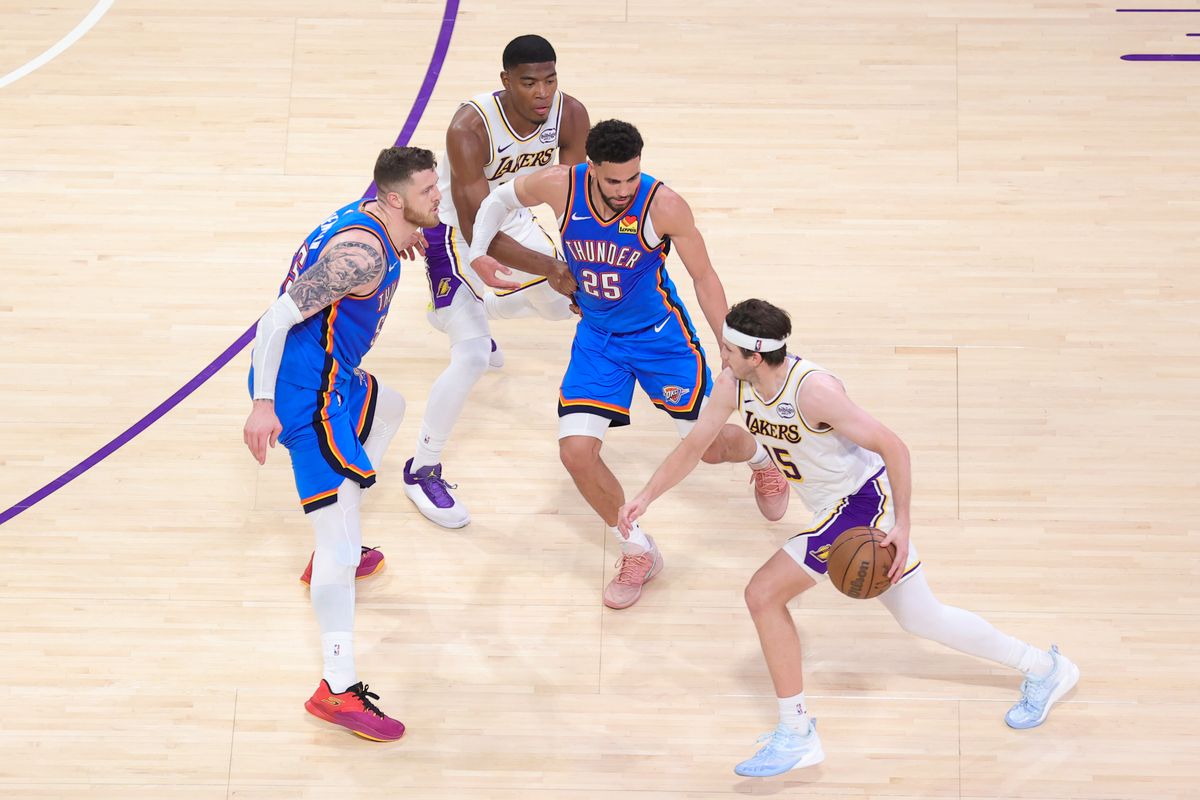 Los Angeles Lakers guard Austin Reaves (15) dribbles the basketball during an NBA playoff game against the Oklahoma City Thunder on May 9, 2026 in Los Angeles, CA. Los Angeles Lakers guard Austin Reaves (15) dribbles the basketball during an NBA playoff game against the Oklahoma City Thunder on May 9, 2026 in Los Angeles, CA.