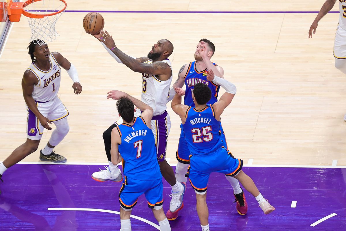 Los Angeles Lakers forward (23) LeBron James shoots a lay up during an NBA playoff game against the Oklahoma City Thunder on May 9, 2026 in Los Angeles, CA. Los Angeles Lakers forward (23) LeBron James shoots a lay up during an NBA playoff game against the Oklahoma City Thunder on May 9, 2026 in Los Angeles, CA.