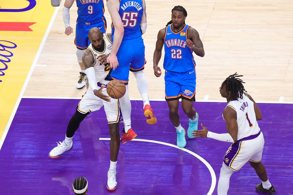 Los Angeles Lakers forward LeBron James (23) passes the ball during an NBA playoff game against the Oklahoma City Thunder on May 9, 2026 in Los Angeles, CA. Los Angeles Lakers forward LeBron James (23) passes the ball during an NBA playoff game against the Oklahoma City Thunder on May 9, 2026 in Los Angeles, CA.