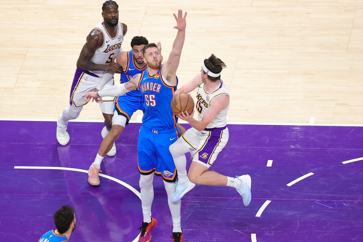 Los Angeles Lakers guard Austin Reaves (15) looks to pass the ball during an NBA playoff game against the Oklahoma City Thunder on May 9, 2026 in Los Angeles, CA. Los Angeles Lakers guard Austin Reaves (15) looks to pass the ball during an NBA playoff game against the Oklahoma City Thunder on May 9, 2026 in Los Angeles, CA.