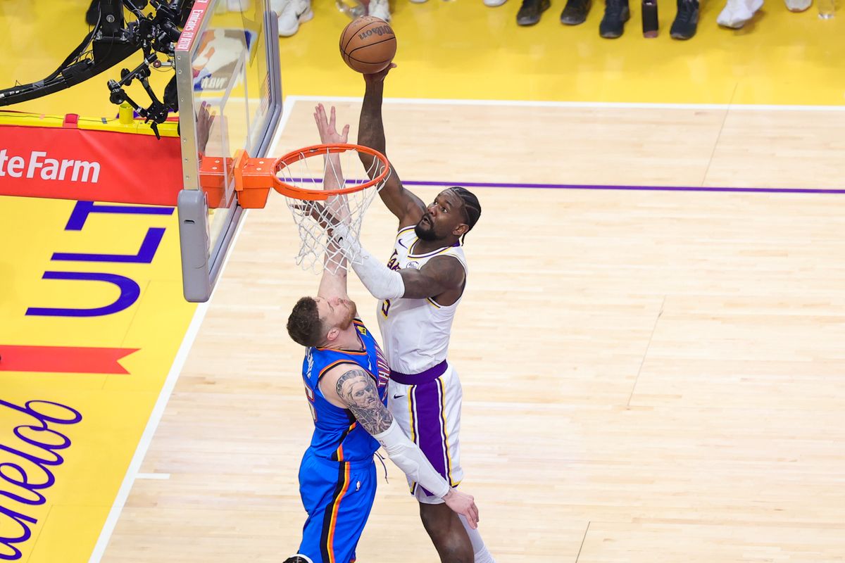 Los Angeles Lakers center Deandre Ayton (5) shoots the ball during an NBA playoff game against the Oklahoma City Thunder on May 9, 2026 in Los Angeles, CA. Los Angeles Lakers center Deandre Ayton (5) shoots the ball during an NBA playoff game against the Oklahoma City Thunder on May 9, 2026 in Los Angeles, CA.