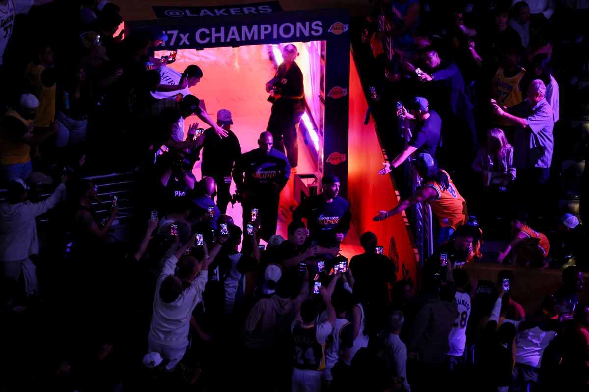 LeBron James #23 of the Los Angeles Lakers runs out of the tunnel onto the court before an NBA Playoffs basketball game against the Oklahoma City Thunder, Monday May 11, 2026 in Los Angeles, Calif. 