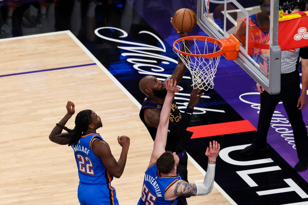 LeBron James #23 of the Los Angeles Lakers lays the ball up during an NBA Playoffs basketball game against the Oklahoma City Thunder, Monday May 11, 2026 in Los Angeles, Calif.