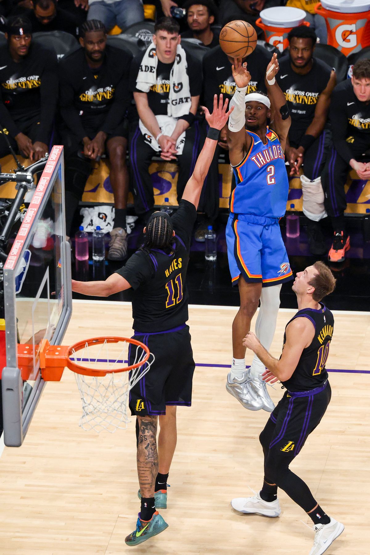Shai Gilgeous-Alexander #2 of the Oklahoma City Thunder shoots the ball during an NBA Playoffs basketball game against the Los Angeles Lakers, Monday May 11, 2026 in Los Angeles, Calif.