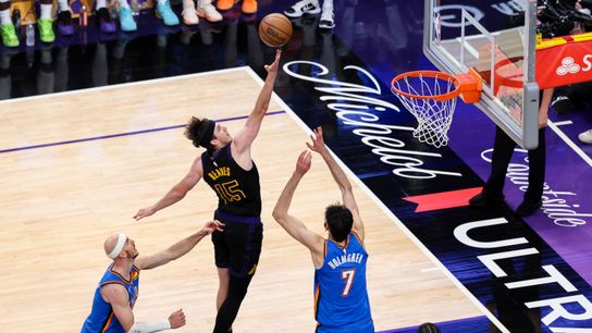 Austin Reaves #15 of the Los Angeles Lakers lays the ball up during an NBA Playoffs basketball game against the Oklahoma City Thunder, Monday May 11, 2026 in Los Angeles, Calif. Austin Reaves #15 of the Los Angeles Lakers lays the ball up during an NBA Playoffs basketball game against the Oklahoma City Thunder, Monday May 11, 2026 in Los Angeles, Calif.