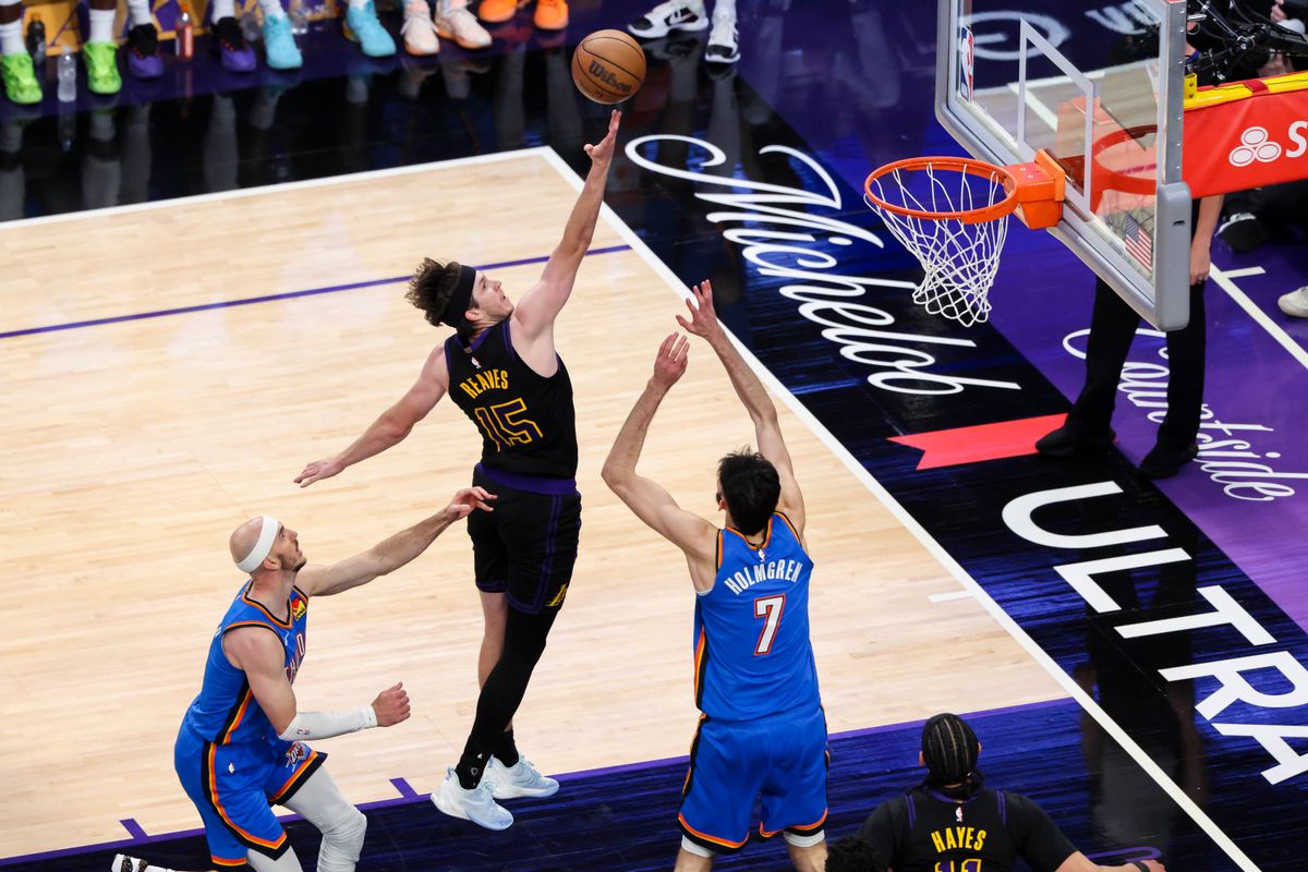 Austin Reaves #15 of the Los Angeles Lakers lays the ball up during an NBA Playoffs basketball game against the Oklahoma City Thunder, Monday May 11, 2026 in Los Angeles, Calif.