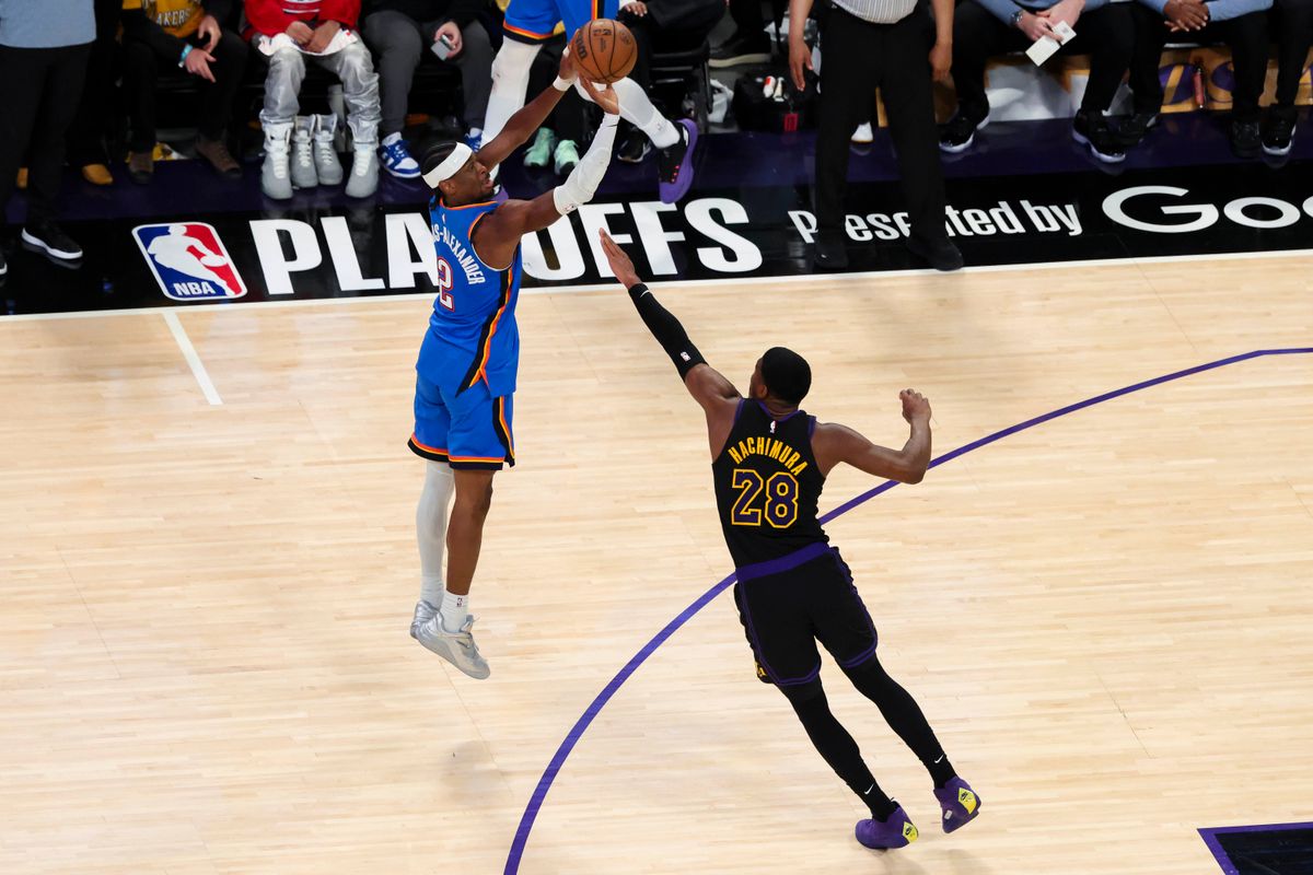 Shai Gilgeous-Alexander #2 of the Oklahoma City Thunder shoots the ball over Rui Hachimura #28 of the Los Angeles Lakers during an NBA Playoffs basketball game, Monday May 11, 2026 in Los Angeles, Calif.