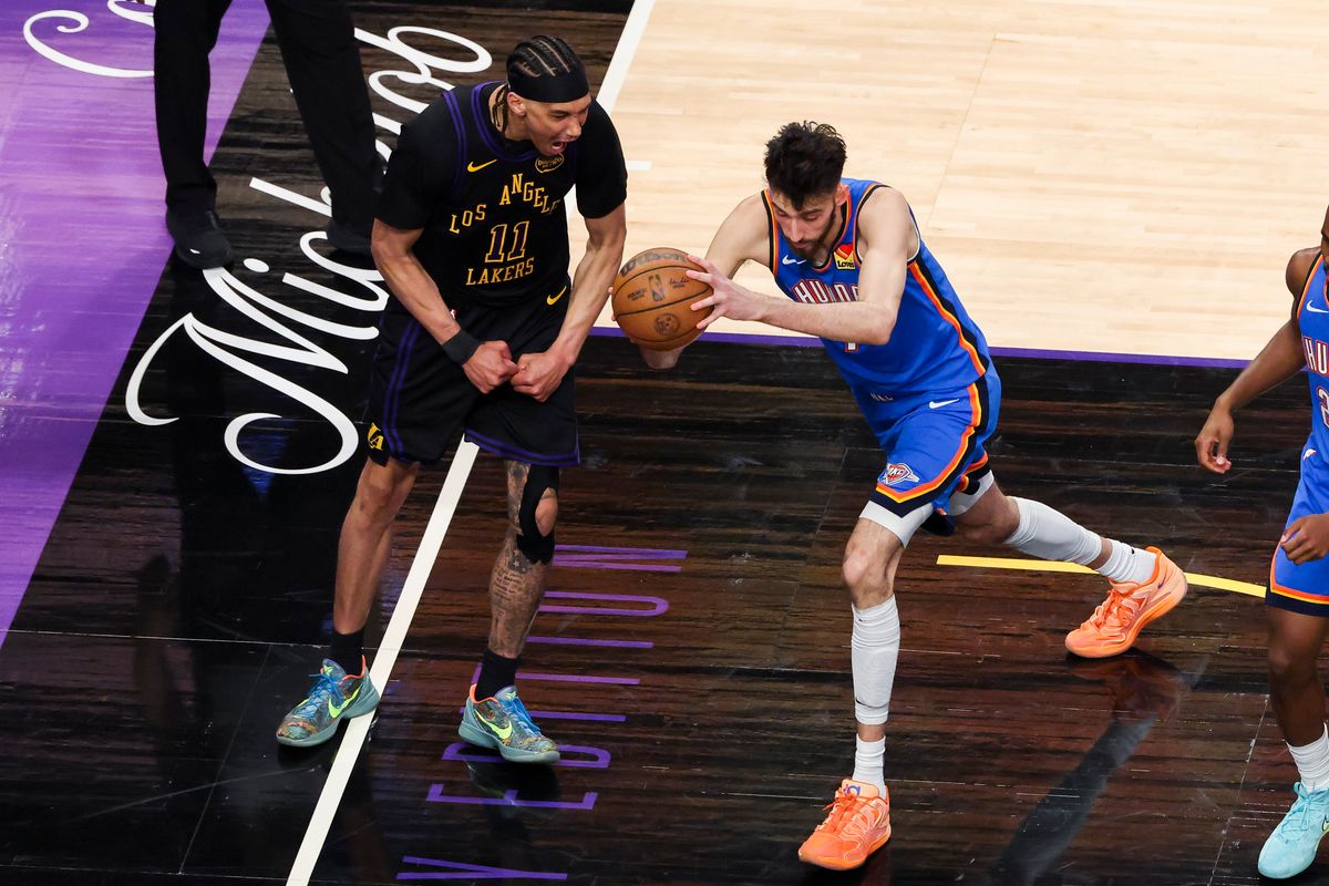 Jaxson Hayes #11 of the Los Angeles Lakers celebrates a dunk over Chet Holmgren #7 of the Oklahoma City Thunder during an NBA Playoffs basketball game, Monday May 11, 2026 in Los Angeles, Calif.