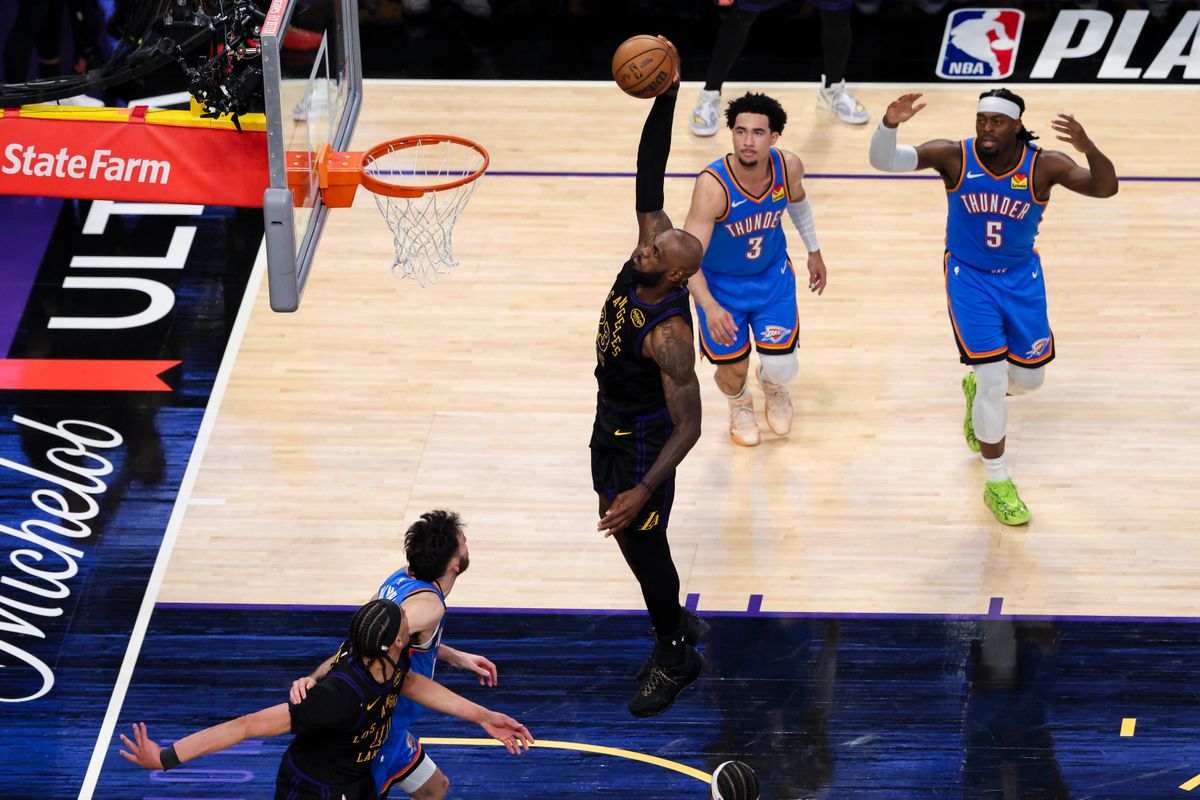 LeBron James #23 of the Los Angeles Lakers dunks the ball during an NBA Playoffs basketball game against the Oklahoma City Thunder, Monday May 11, 2026 in Los Angeles, Calif.