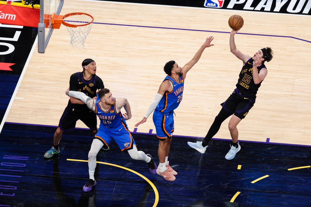 Austin Reaves #15 of the Los Angeles Lakers shoots the ball during an NBA Playoffs basketball game against the Oklahoma City Thunder, Monday May 11, 2026 in Los Angeles, Calif.